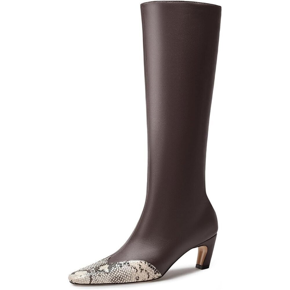 Women's Snack Brown Kitten Heel Knee High Tall Square Toe Fashion Sexy Boots